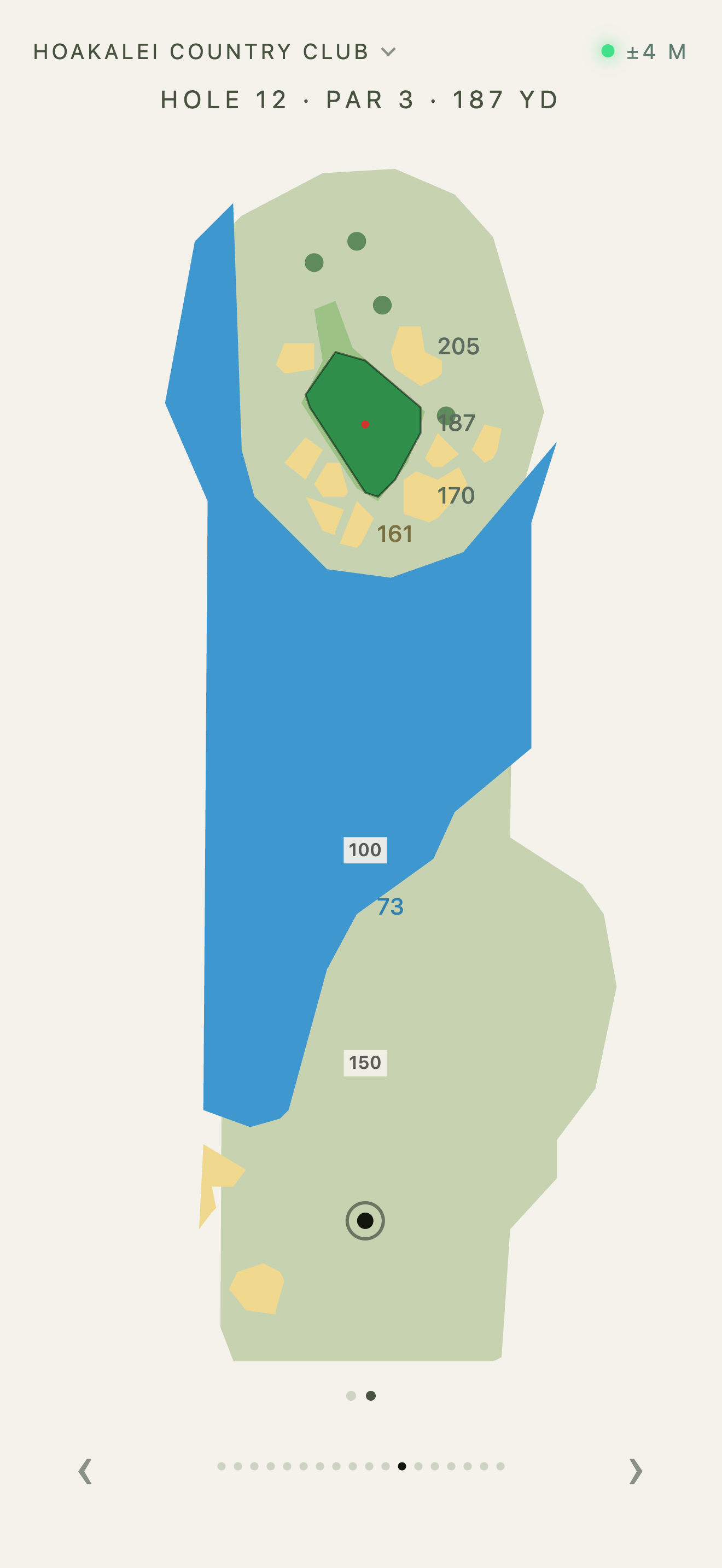 Hole map showing the green, its bunkers and the water to carry.